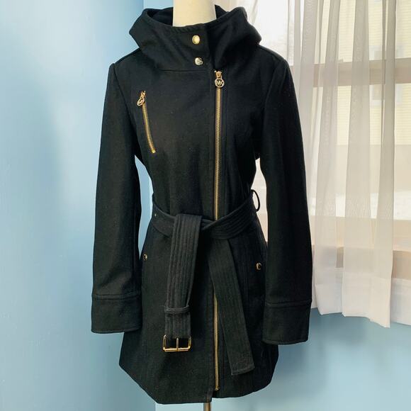 Michael Kors Black Belted Wool Pea Coat Size 6 - Picture 2 of 8